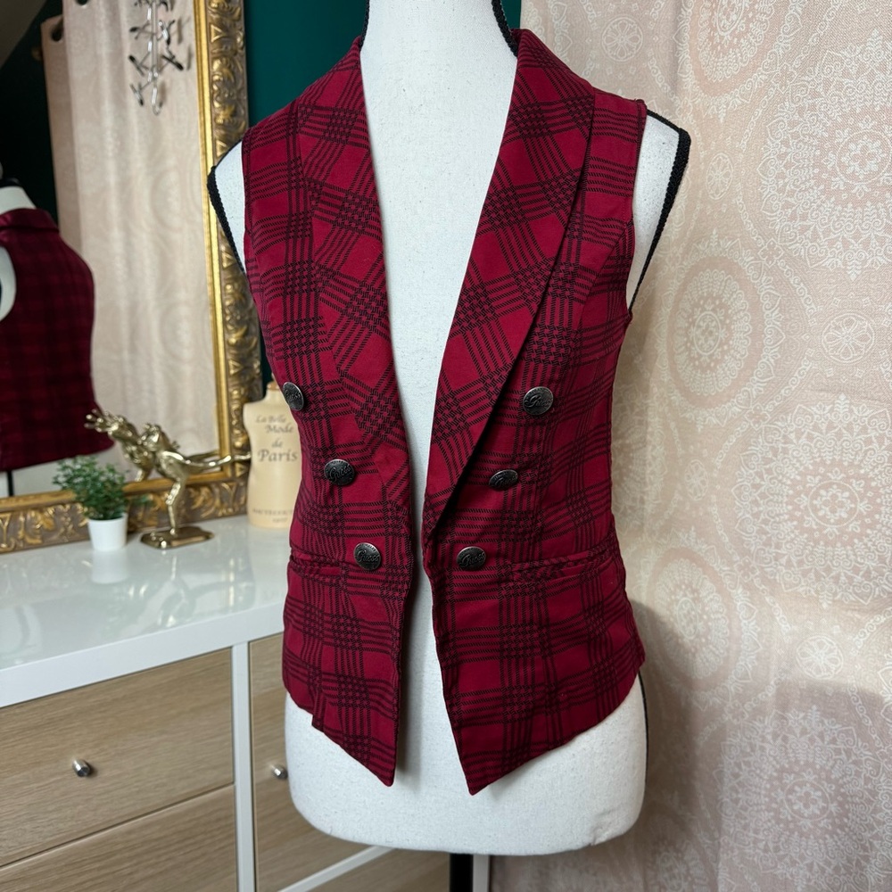Guess Red Black Plaid Double-Breasted Military Style Vest Size XS